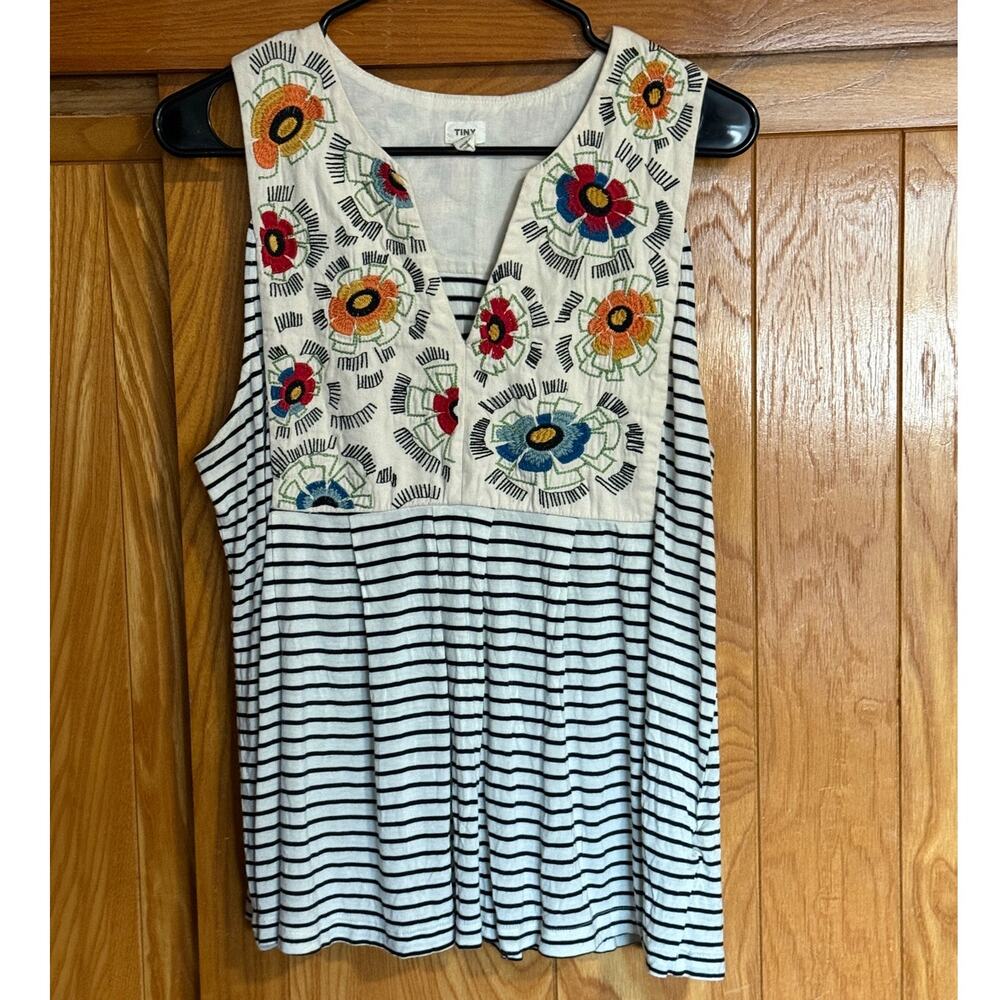 Anthropologie TINY Embroidered Stripe Babydoll Tank Top, L